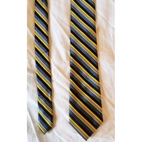 JF J. Ferrar Striped Black Yellow Grey Polyester Tie - Picture 4 of 8